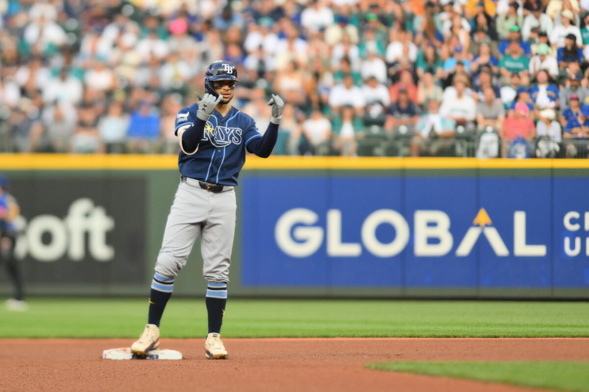 Aug 7, 2026; Seattle, Washington, USA; Tampa Bay Rays right fielder Victor Mesa Jr. (25) celebrates after hitting a double against the Seattle Mariners during the fifth inning at T-Mobile Park. Mandatory Credit: Steven Bisig-Imagn Images