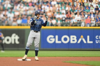 Aug 7, 2026; Seattle, Washington, USA; Tampa Bay Rays right fielder Victor Mesa Jr. (25) celebrates after hitting a double against the Seattle Mariners during the fifth inning at T-Mobile Park. Mandatory Credit: Steven Bisig-Imagn Images