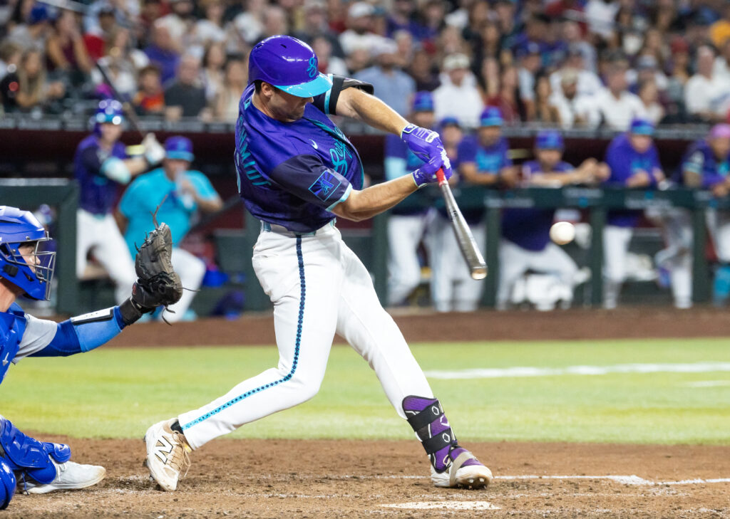 Aug 7, 2026; Phoenix, Arizona, USA; Arizona Diamondbacks outfielder Ryan Waldschmidt hits a two run walk off home run in the ninth inning against the Los Angeles Dodgers at Chase Field. Mandatory Credit: Mark J. Rebilas-Imagn Images