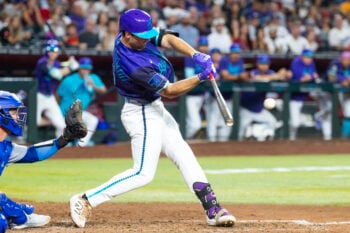 Aug 7, 2026; Phoenix, Arizona, USA; Arizona Diamondbacks outfielder Ryan Waldschmidt hits a two run walk off home run in the ninth inning against the Los Angeles Dodgers at Chase Field. Mandatory Credit: Mark J. Rebilas-Imagn Images