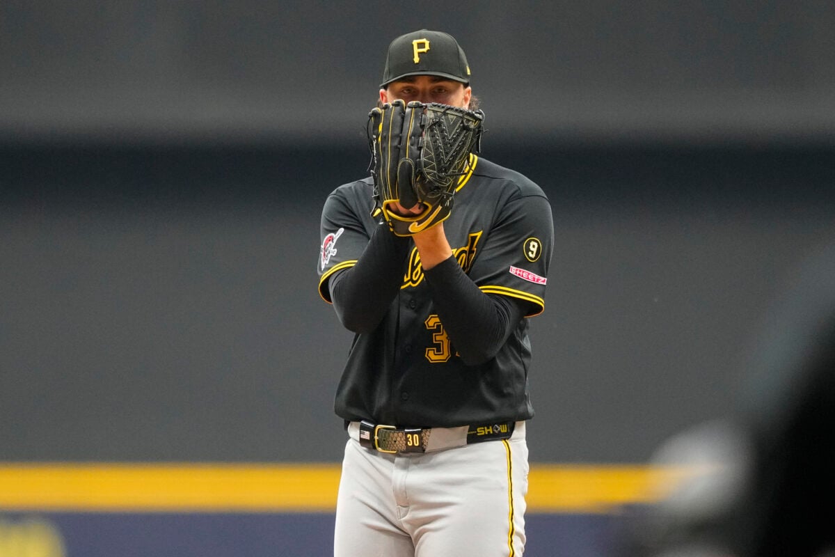 Aug 5, 2026; Milwaukee, Wisconsin, USA; Pittsburgh Pirates pitcher Paul Skenes (30) during the game against the =v= at American Family Field. Mandatory Credit: Jeff Hanisch-Imagn Images