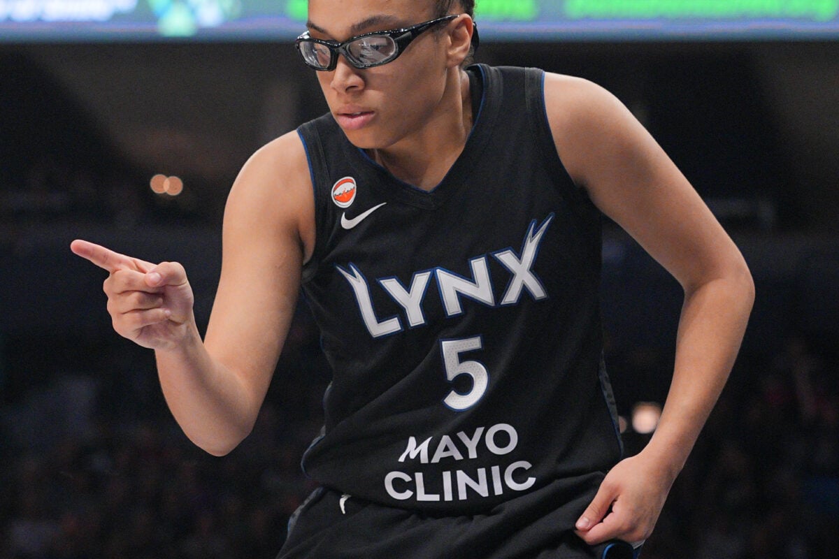 Aug 8, 2026; Minneapolis, Minnesota, USA; Minnesota Lynx forward Olivia Miles (5) celebrate her basket against the Las Vegas Aces in the fourth quarter at Target Center. Mandatory Credit: Brad Rempel-Imagn Images