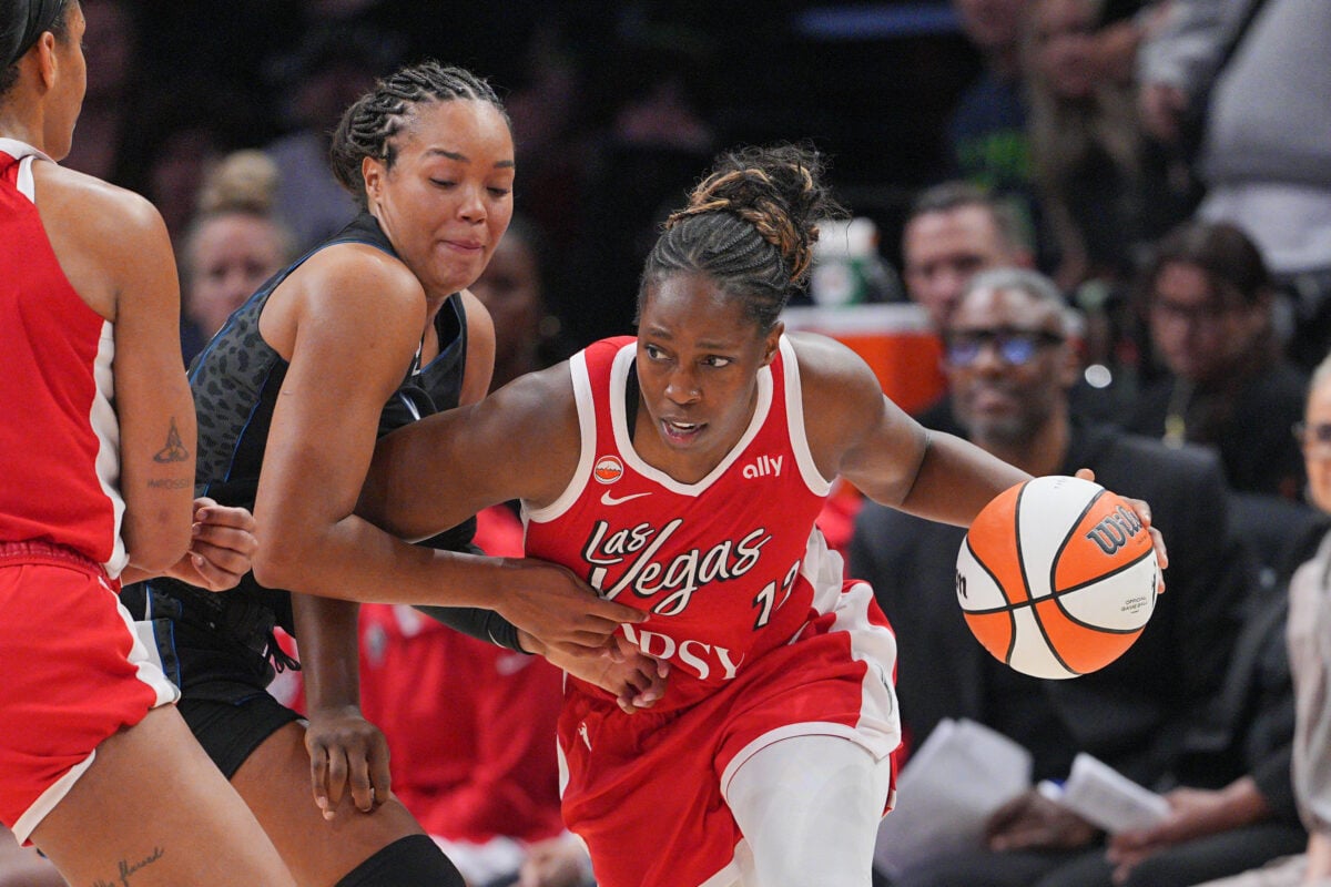 Aug 8, 2026; Minneapolis, Minnesota, USA; Las Vegas Aces forward Chelsea Gray (12) dribbles against the Minnesota Lynx forward Napheesa Collier (24) in the fourth quarter at Target Center. Mandatory Credit: Brad Rempel-Imagn Images