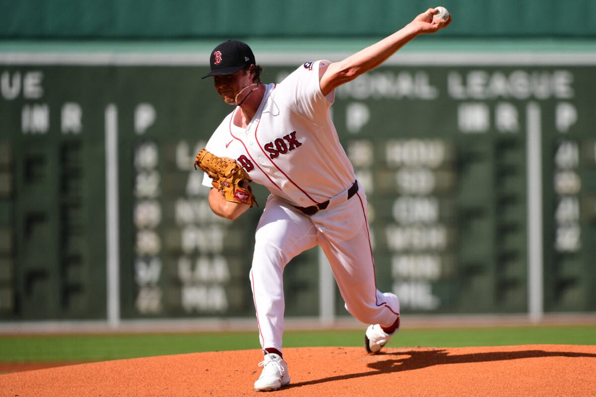 Aug 8, 2026; Boston, Massachusetts, USA; Boston Red Sox pitcher Jake Bennett (64) pitches during the first inning against the Athletics at Fenway Park. Mandatory Credit: Bob DeChiara-Imagn Images
