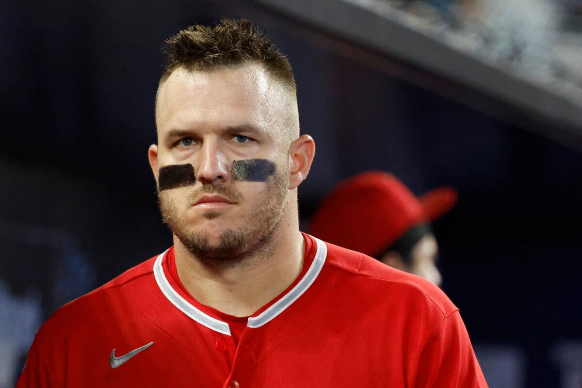 Aug 8, 2026; Miami, Florida, USA; Los Angeles Angels right fielder Mike Trout (27) stands in the dugout against the Miami Marlins during the fourth inning at loanDepot Park. Mandatory Credit: Rhona Wise-Imagn Images