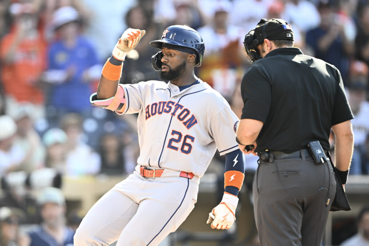 Aug 8, 2026; San Diego, California, USA; Houston Astros left fielder Taylor Trammell (26) rounds the bases after hitting a solo home run during the second inning against the San Diego Padres at Petco Park. Mandatory Credit: Denis Poroy-Imagn Images