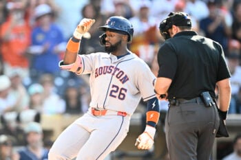 Aug 8, 2026; San Diego, California, USA; Houston Astros left fielder Taylor Trammell (26) rounds the bases after hitting a solo home run during the second inning against the San Diego Padres at Petco Park. Mandatory Credit: Denis Poroy-Imagn Images