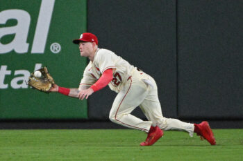 Aug 8, 2026; St. Louis, Missouri, USA; St. Louis Cardinals center fielder Nathan Church (27) dives and catches a line drive hit by Colorado Rockies right fielder Jordan Beck (not pictured) during the eighth inning at Busch Stadium. Mandatory Credit: Jeff Curry-Imagn Images