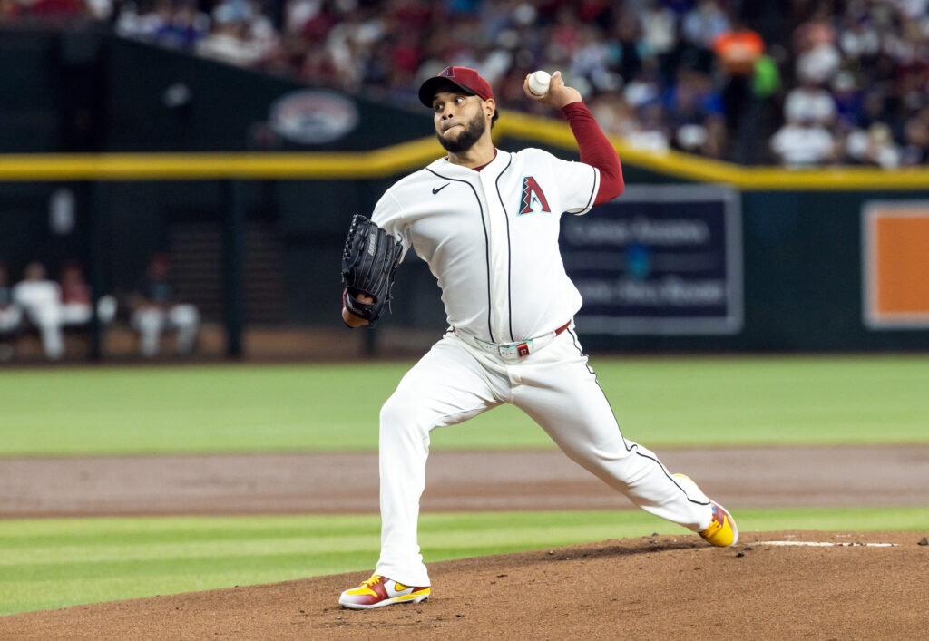 Aug 9, 2026; Phoenix, Arizona, USA; Arizona Diamondbacks pitcher Eduardo Rodriguez in the first inning against the Los Angeles Dodgers at Chase Field. Mandatory Credit: Mark J. Rebilas-Imagn Images