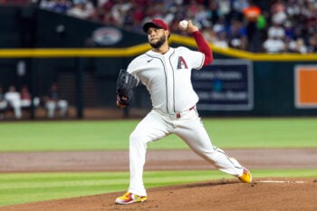 Aug 9, 2026; Phoenix, Arizona, USA; Arizona Diamondbacks pitcher Eduardo Rodriguez in the first inning against the Los Angeles Dodgers at Chase Field. Mandatory Credit: Mark J. Rebilas-Imagn Images