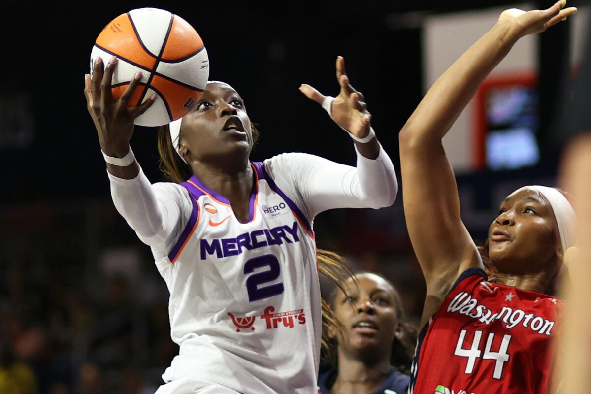Aug 9, 2026; Washington, District of Columbia, USA; Phoenix Mercury guard-forward Kahleah Copper (2) takes a shot over Washington Mystics forward Kiki Iriafen (44) during the second half at CareFirst Arena. Mandatory Credit: Daniel Kucin Jr.-Imagn Images
