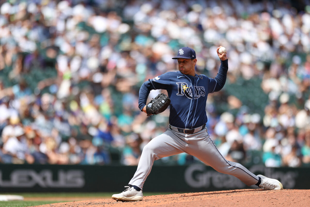 Aug 9, 2026; Seattle, Washington, USA; Tampa Bay Rays starting pitcher Ian Seymour (61) pitches to the Seattle Mariners during the fourth inning at T-Mobile Park. Mandatory Credit: Richard Dizon-Imagn Images