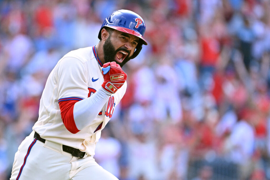 Aug 9, 2026; Philadelphia, Pennsylvania, USA; Philadelphia Phillies center fielder Derek Hill (49) celebrates his walk-off RBI single during the twelfth inning against the Toronto Blue Jays at Citizens Bank Park. Mandatory Credit: Eric Hartline-Imagn Images