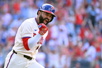 Aug 9, 2026; Philadelphia, Pennsylvania, USA;  Philadelphia Phillies center fielder Derek Hill (49) celebrates his walk-off RBI single during the twelfth inning against the Toronto Blue Jays at Citizens Bank Park. Mandatory Credit: Eric Hartline-Imagn Images