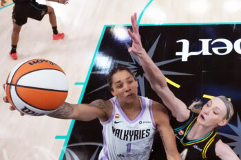 Aug 9, 2026; Los Angeles, California, USA; Golden State Valkyries forward Gabby Williams (1) shoots the ball against LA Sparks forward Cameron Brink (22) in the first half at Crypto.com Arena. Mandatory Credit: Kirby Lee-Imagn Images