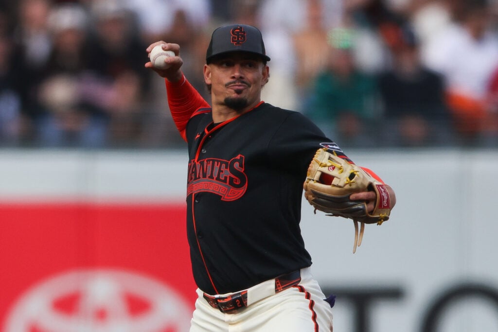 Aug 8, 2026; San Francisco, California, USA; San Francisco Giants shortstop Willy Adames (2) throws to first base for the out during the seventh inning against the Detroit Tigers at Oracle Park. Mandatory Credit: Scott Marshall-Imagn Images