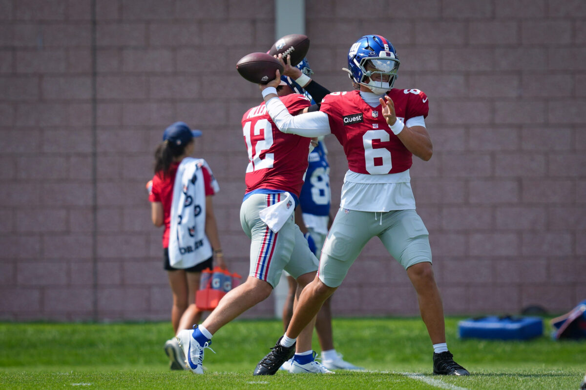 New York Giants quarterback Jaxson Dart (6) throws the ball while training at Quest Diagnostics Training Center, Aug 10, 2026, East Rutherford, NJ, USA.