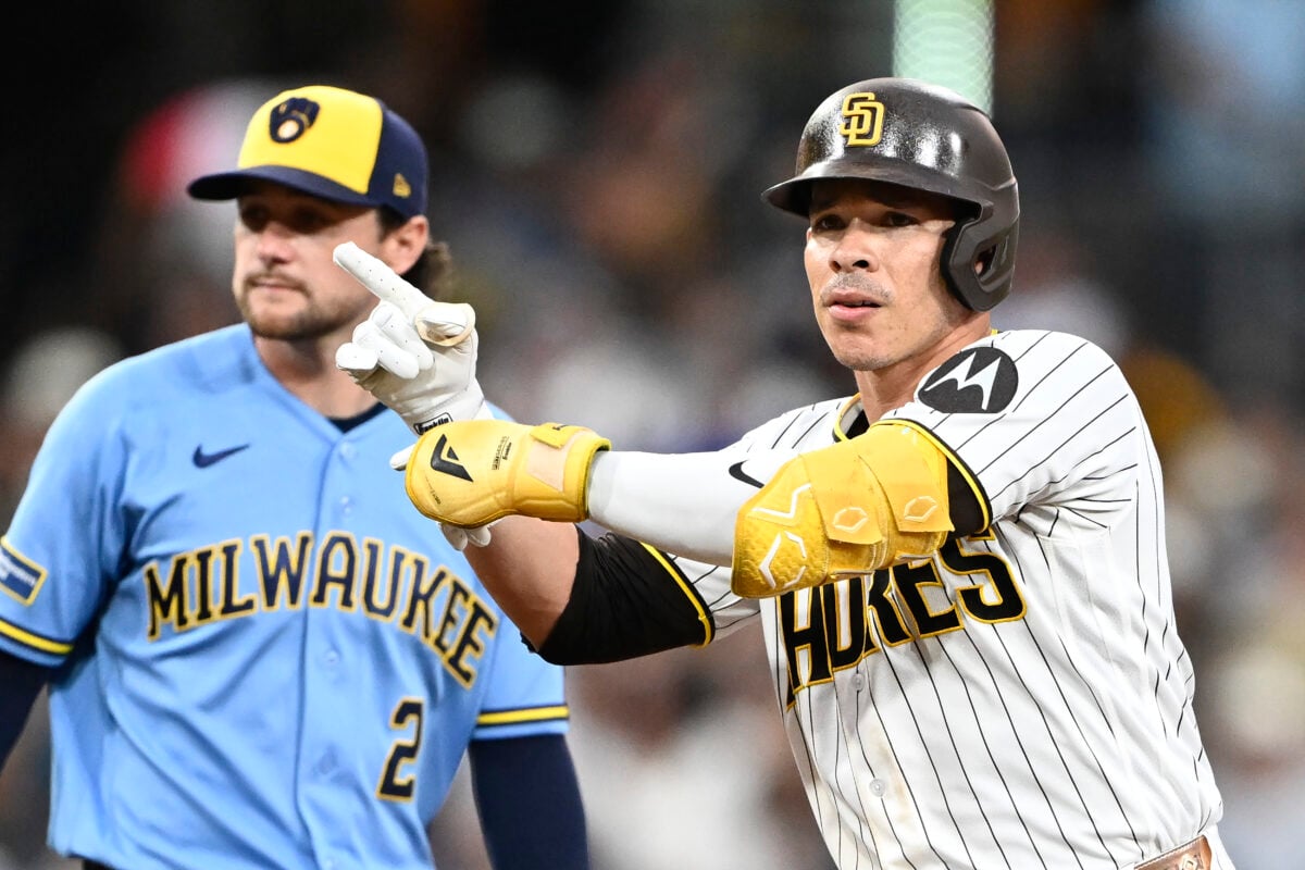 Aug 10, 2026; San Diego, California, USA; San Diego Padres catcher Freddy Fermin (54) gestures after hitting a double during the third inning against the Milwaukee Brewers at Petco Park. Mandatory Credit: Denis Poroy-Imagn Images