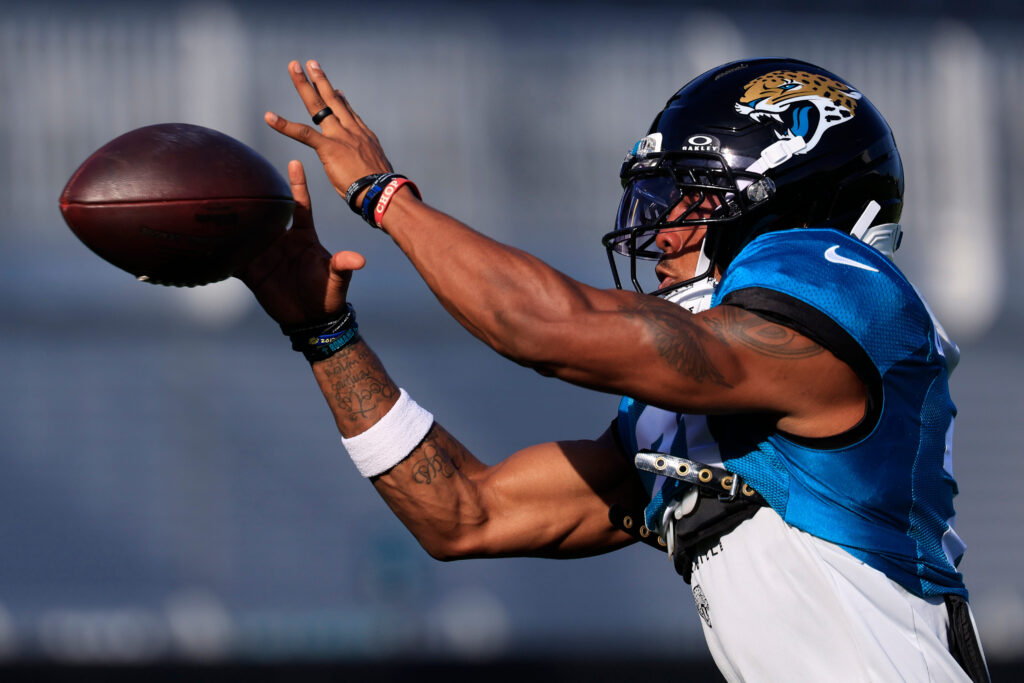 Jacksonville Jaguars cornerback Christian Braswell (21) catches a pass during Day 11 of NFL training camp at the Miller Electric Center on Tuesday, Aug. 11, 2026, in Jacksonville, Fla.