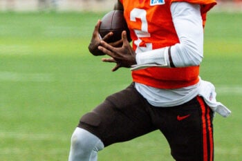 Cleveland Browns quarterback Shedeur Sanders (2) runs the ball during day 12 of training camp, Aug. 11, 2026, in Berea, Ohio.