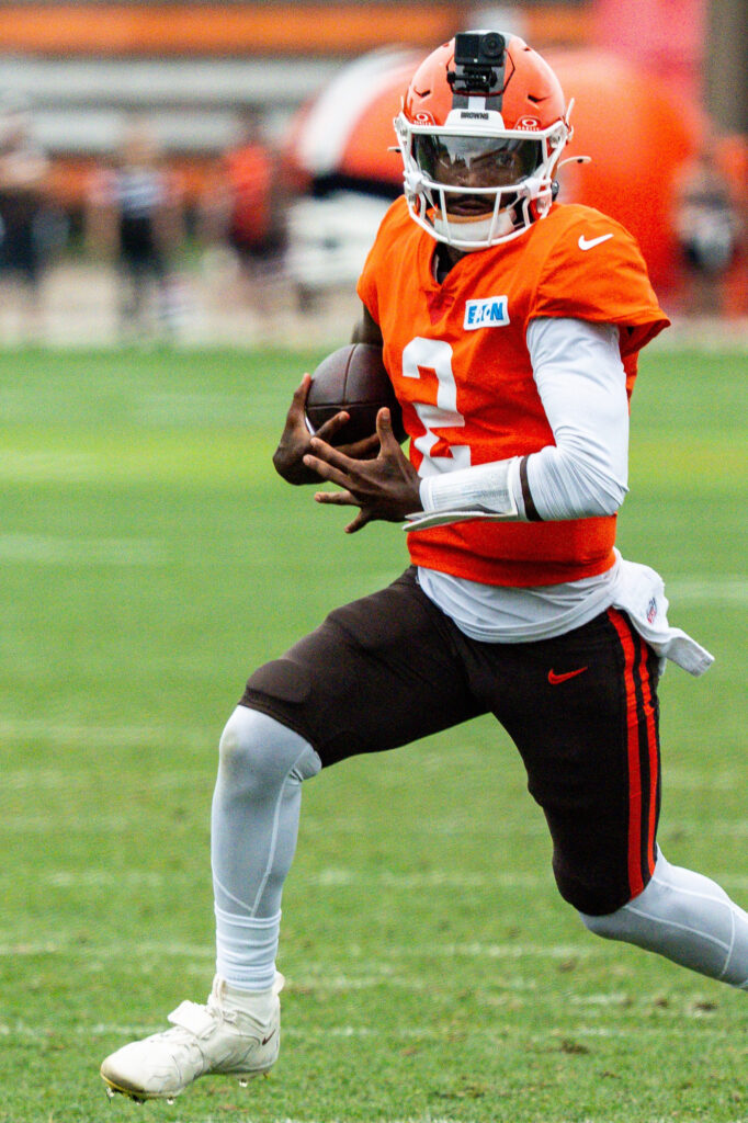 Cleveland Browns quarterback Shedeur Sanders (2) runs the ball during day 12 of training camp, Aug. 11, 2026, in Berea, Ohio.