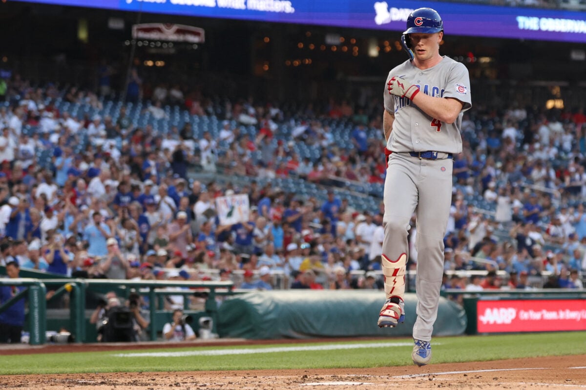 Aug 11, 2026; Washington, District of Columbia, USA; Chicago Cubs center fielder Pete Crow-Armstrong (4) touches home plate after hitting a solo home run against the Washington Nationals during the third inning at Nationals Park. Mandatory Credit: Geoff Burke-Imagn Images