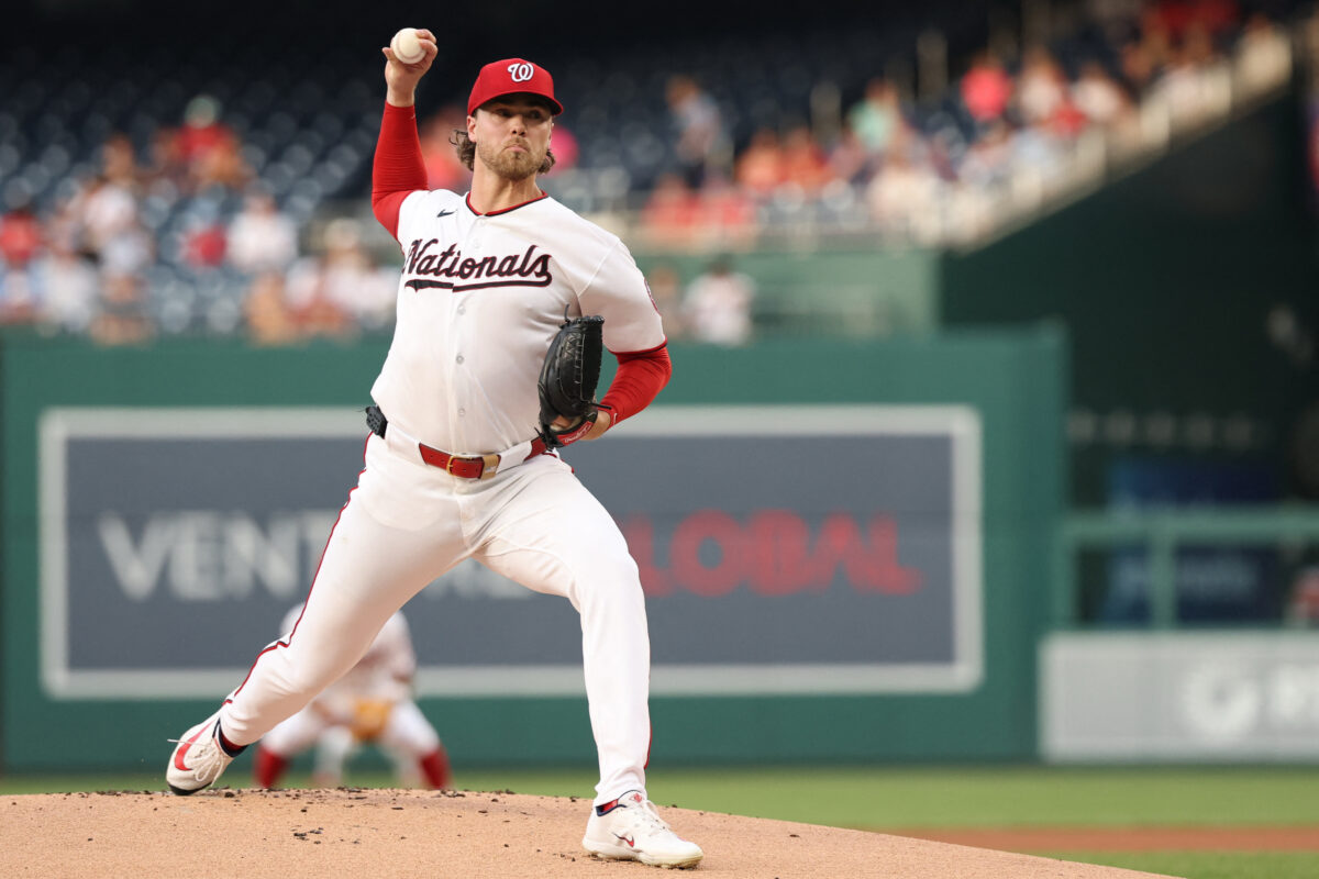 Aug 11, 2026; Washington, District of Columbia, USA; Washington Nationals starting pitcher Jake Irvin (27) pitches against the Chicago Cubs during the first inning at Nationals Park. Mandatory Credit: Geoff Burke-Imagn Images