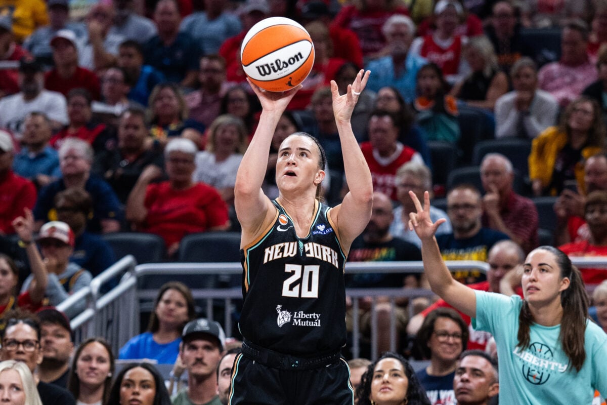 Aug 11, 2026; Indianapolis, Indiana, USA;  New York Liberty guard Sabrina Ionescu (20) shoots the ball in the first half against the Indiana Fever at Gainbridge Fieldhouse. Mandatory Credit: Trevor Ruszkowski-Imagn Images