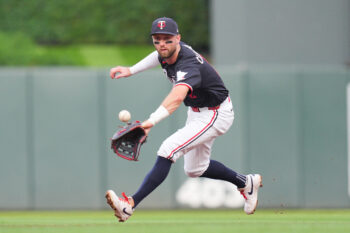 Aug 11, 2026; Minneapolis, Minnesota, USA; Minnesota Twins second baseman Kody Clemens (2) fields a ground ball against the Baltimore Orioles in the second inning at Target Field. Mandatory Credit: Brad Rempel-Imagn Images
