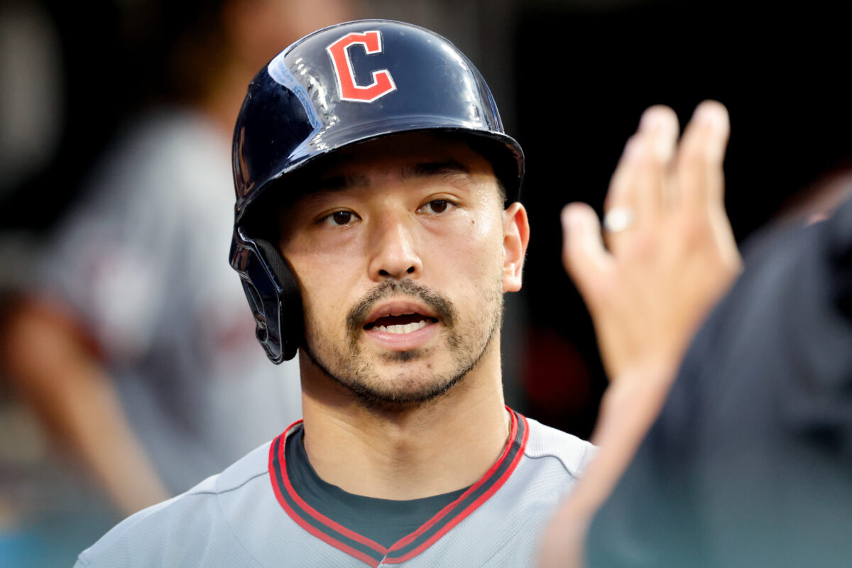 Aug 11, 2026; Detroit, Michigan, USA; Cleveland Guardians left fielder Steven Kwan (38) receives congratulations from teammates after scoring in the seventh inning against the Detroit Tigers at Comerica Park. Mandatory Credit: Rick Osentoski-Imagn Images