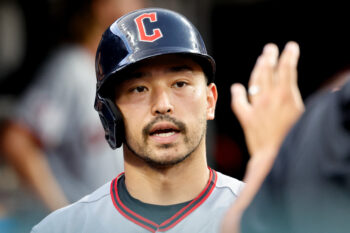 Aug 11, 2026; Detroit, Michigan, USA; Cleveland Guardians left fielder Steven Kwan (38) receives congratulations from teammates after scoring in the seventh inning against the Detroit Tigers at Comerica Park. Mandatory Credit: Rick Osentoski-Imagn Images