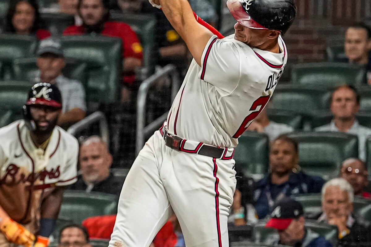 Aug 11, 2026; Cumberland, Georgia, USA; Atlanta Braves first baseman Matt Olson (28) hits a two run home run against the New York Mets during the eighth inning at Truist Park. Mandatory Credit: Dale Zanine-Imagn Images