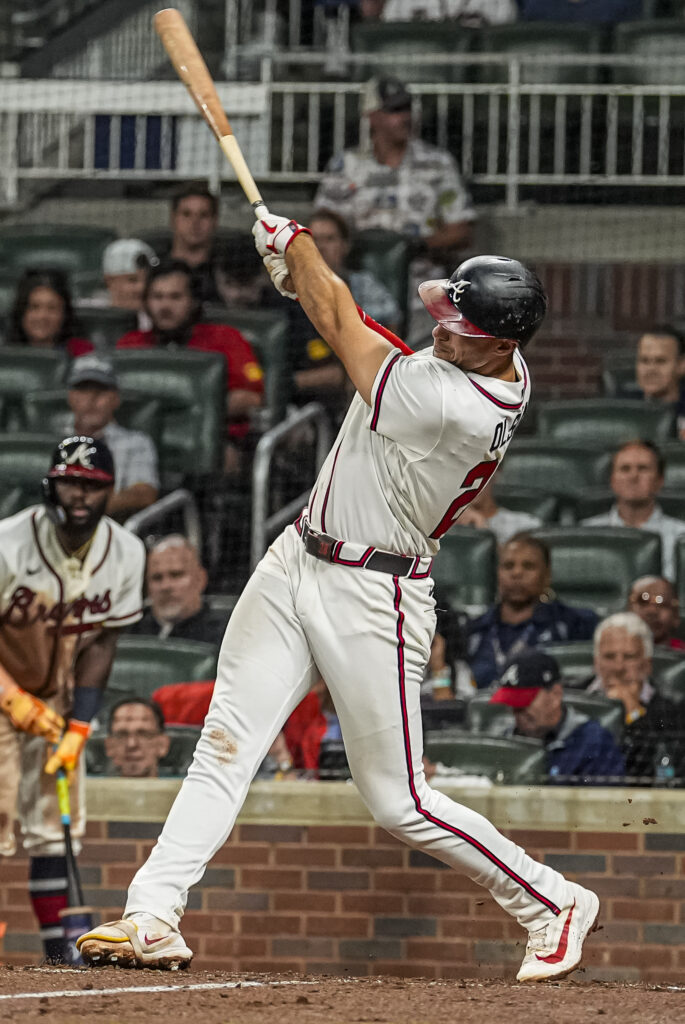 Aug 11, 2026; Cumberland, Georgia, USA; Atlanta Braves first baseman Matt Olson (28) hits a two run home run against the New York Mets during the eighth inning at Truist Park. Mandatory Credit: Dale Zanine-Imagn Images