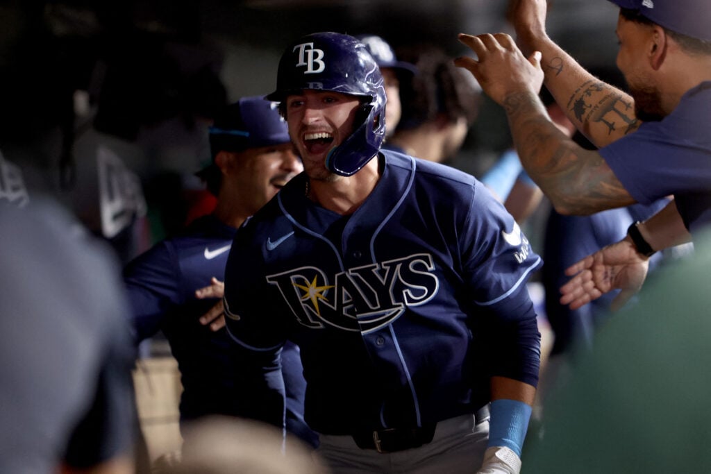 Aug 11, 2026; West Sacramento, California, USA; Tampa Bay Rays pinch hitter Carson Williams (7) celebrates with teammates after hitting a three-run home run against the Athletics during the eighth inning at Sutter Health Park. Mandatory Credit: Dennis Lee-Imagn Images