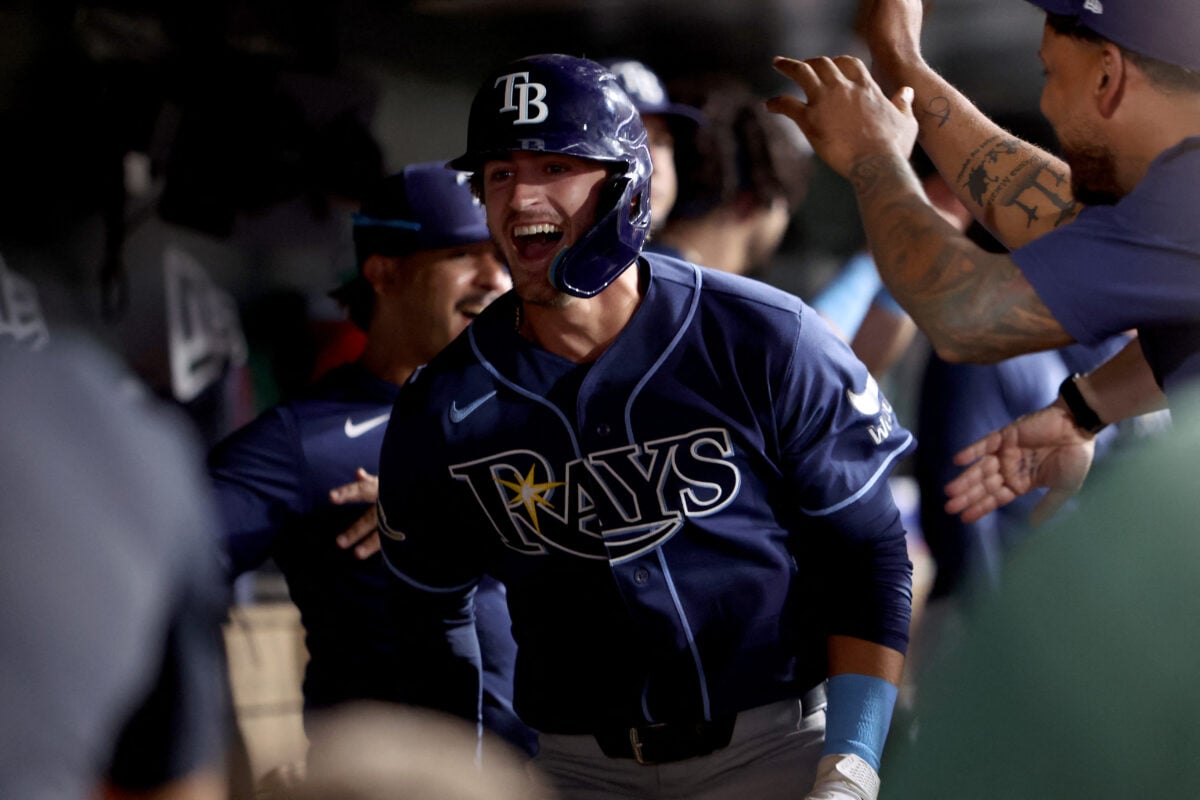 Aug 11, 2026; West Sacramento, California, USA; Tampa Bay Rays pinch hitter Carson Williams (7) celebrates with teammates after hitting a three-run home run against the Athletics during the eighth inning at Sutter Health Park. Mandatory Credit: Dennis Lee-Imagn Images