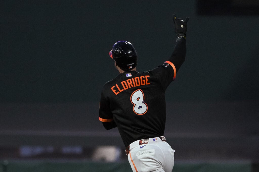 Aug 11, 2026; San Francisco, California, USA; San Francisco Giants first baseman Bryce Eldridge (8) celebrates after hitting a home run during the fifth inning of the game against the Houston Astros at Oracle Park. Mandatory Credit: Ed Szczepanski-Imagn Images