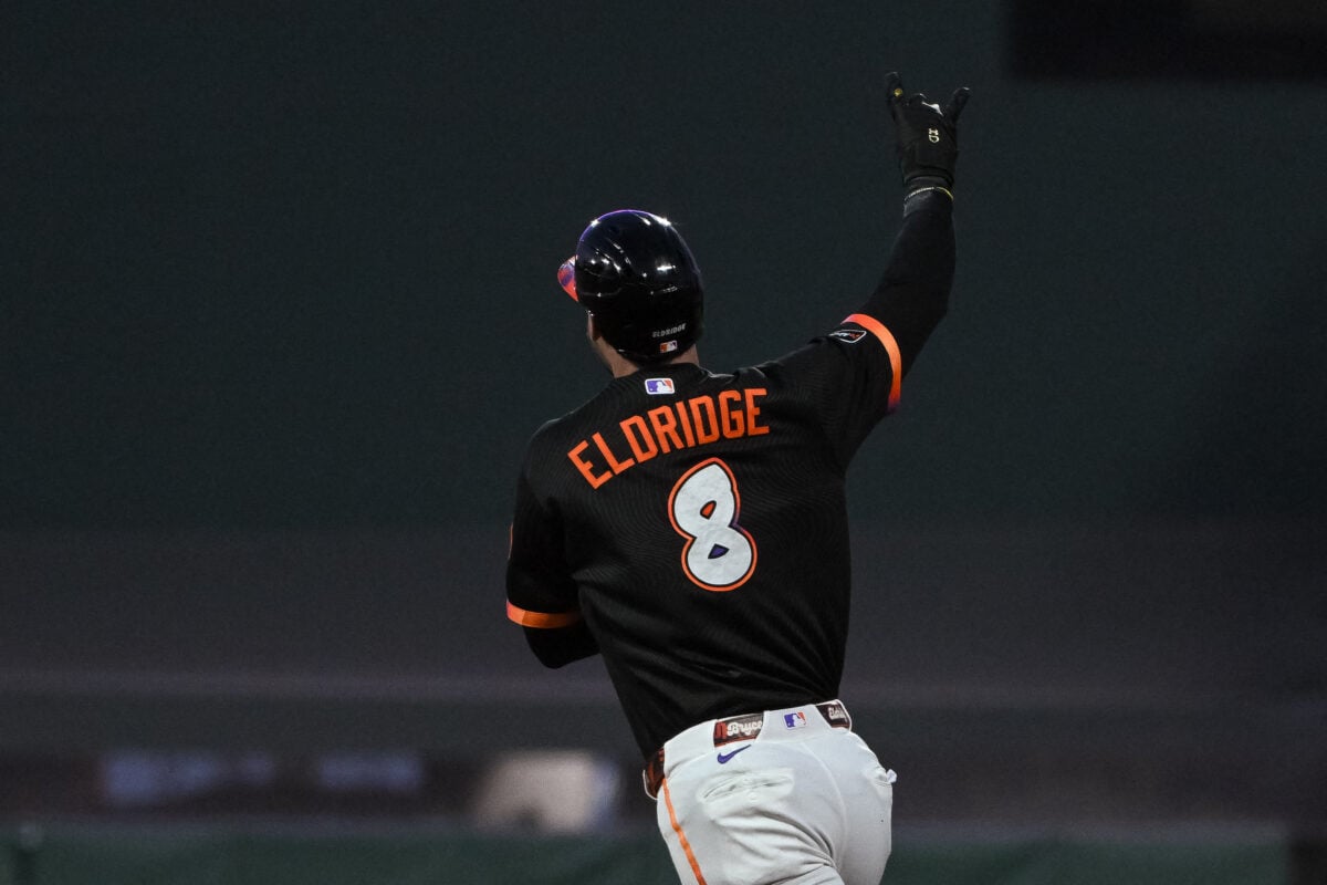Aug 11, 2026; San Francisco, California, USA; San Francisco Giants first baseman Bryce Eldridge (8) celebrates after hitting a home run during the fifth inning of the game against the Houston Astros at Oracle Park. Mandatory Credit: Ed Szczepanski-Imagn Images