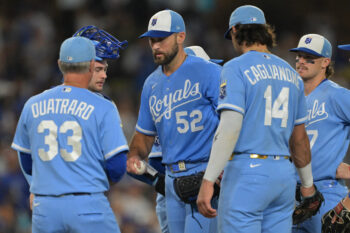 Aug 11, 2026; Los Angeles, California, USA; Kansas City Royals starting pitcher Michael Wacha (52) is pulled by manager Matt Quatraro (33) in the seventh inning against the Los Angeles Dodgers at Dodger Stadium. Mandatory Credit: Jayne Kamin-Oncea-Imagn Images