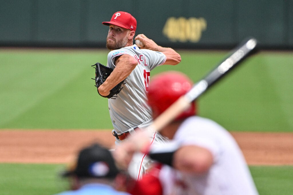 Aug 12, 2026; St. Louis, Missouri, USA; Philadelphia Phillies starting pitcher Zack Wheeler (45) throws against St. Louis Cardinals catcher Jimmy Crooks (8) during the third inning at Busch Stadium. Mandatory Credit: Jeff Curry-Imagn Images
