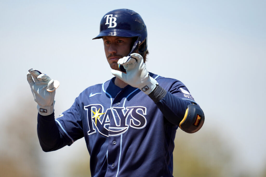 Aug 12, 2026; West Sacramento, California, USA; Tampa Bay Rays left fielder Jonny DeLuca (21) reacts after hitting a single against the Athletics in the seventh inning at Sutter Health Park. Mandatory Credit: Cary Edmondson-Imagn Images