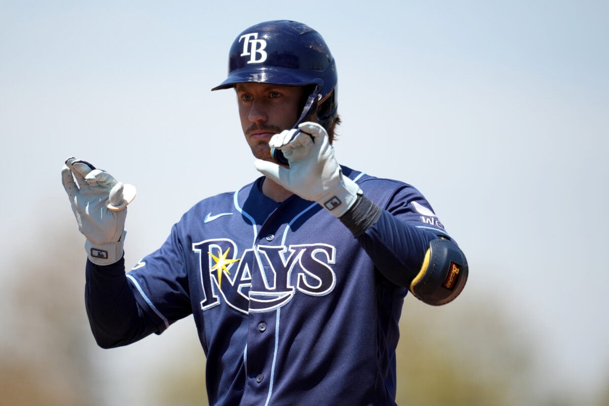 Aug 12, 2026; West Sacramento, California, USA; Tampa Bay Rays left fielder Jonny DeLuca (21) reacts after hitting a single against the Athletics in the seventh inning at Sutter Health Park. Mandatory Credit: Cary Edmondson-Imagn Images