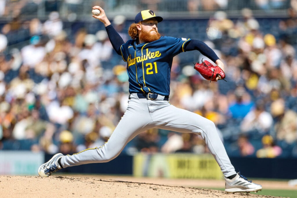 Aug 12, 2026; San Diego, California, USA; Milwaukee Brewers starting pitcher Dustin May (21) throws a pitch during the seventh inning against the San Diego Padres at Petco Park. Mandatory Credit: David Frerker-Imagn Images