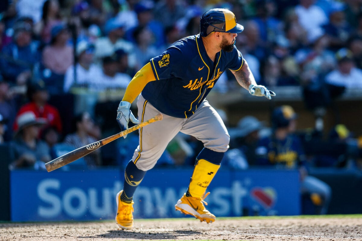 Aug 12, 2026; San Diego, California, USA; Milwaukee Brewers catcher Gary Sanchez (99) hits a RBI double during the eleventh inning against the San Diego Padres at Petco Park. Mandatory Credit: David Frerker-Imagn Images