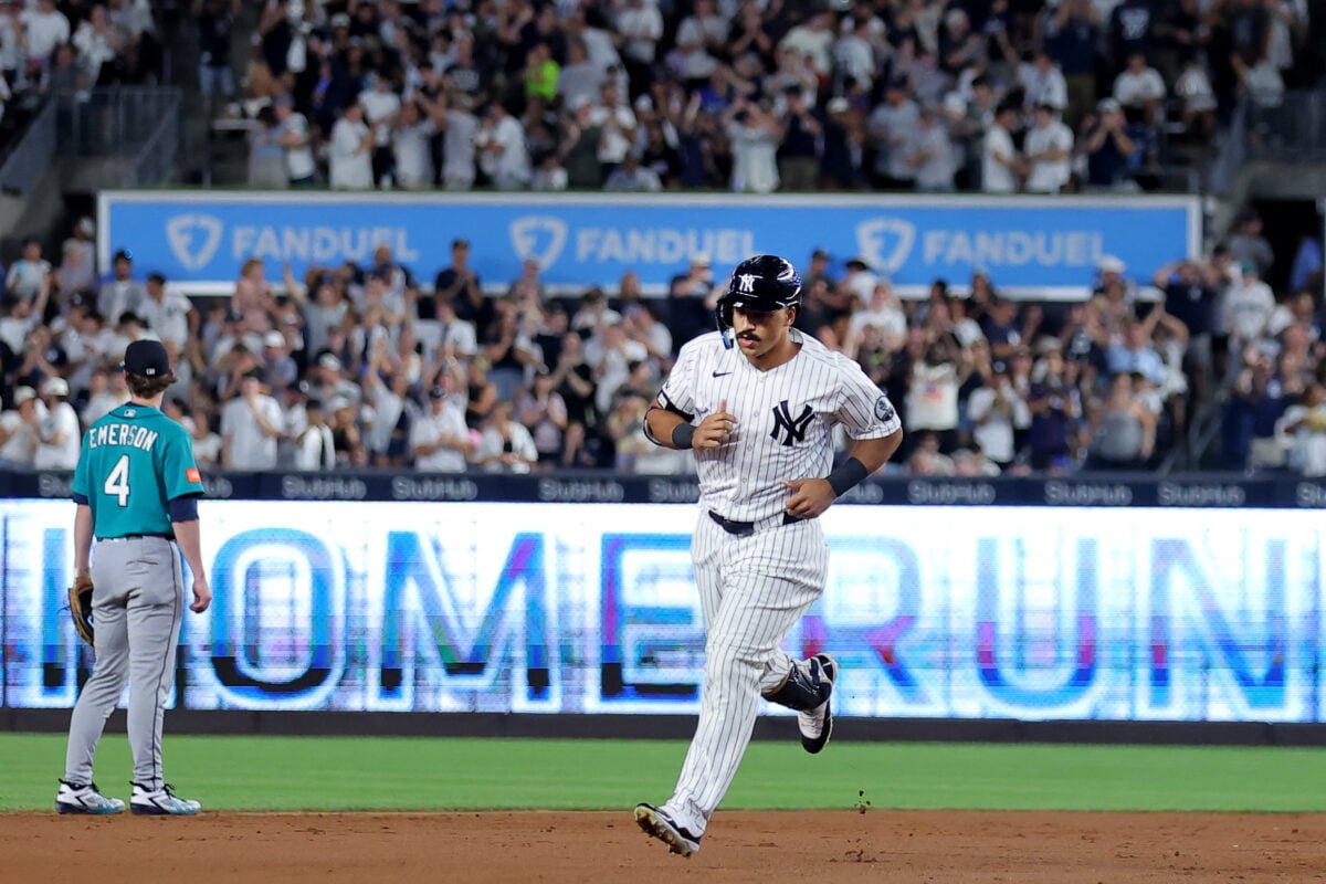 Aug 12, 2026; Bronx, New York, USA; New York Yankees center fielder Trent Grisham (12) rounds the bases after hitting a solo home run against the Seattle Mariners during the fifth inning at Yankee Stadium. Mandatory Credit: Brad Penner-Imagn Images