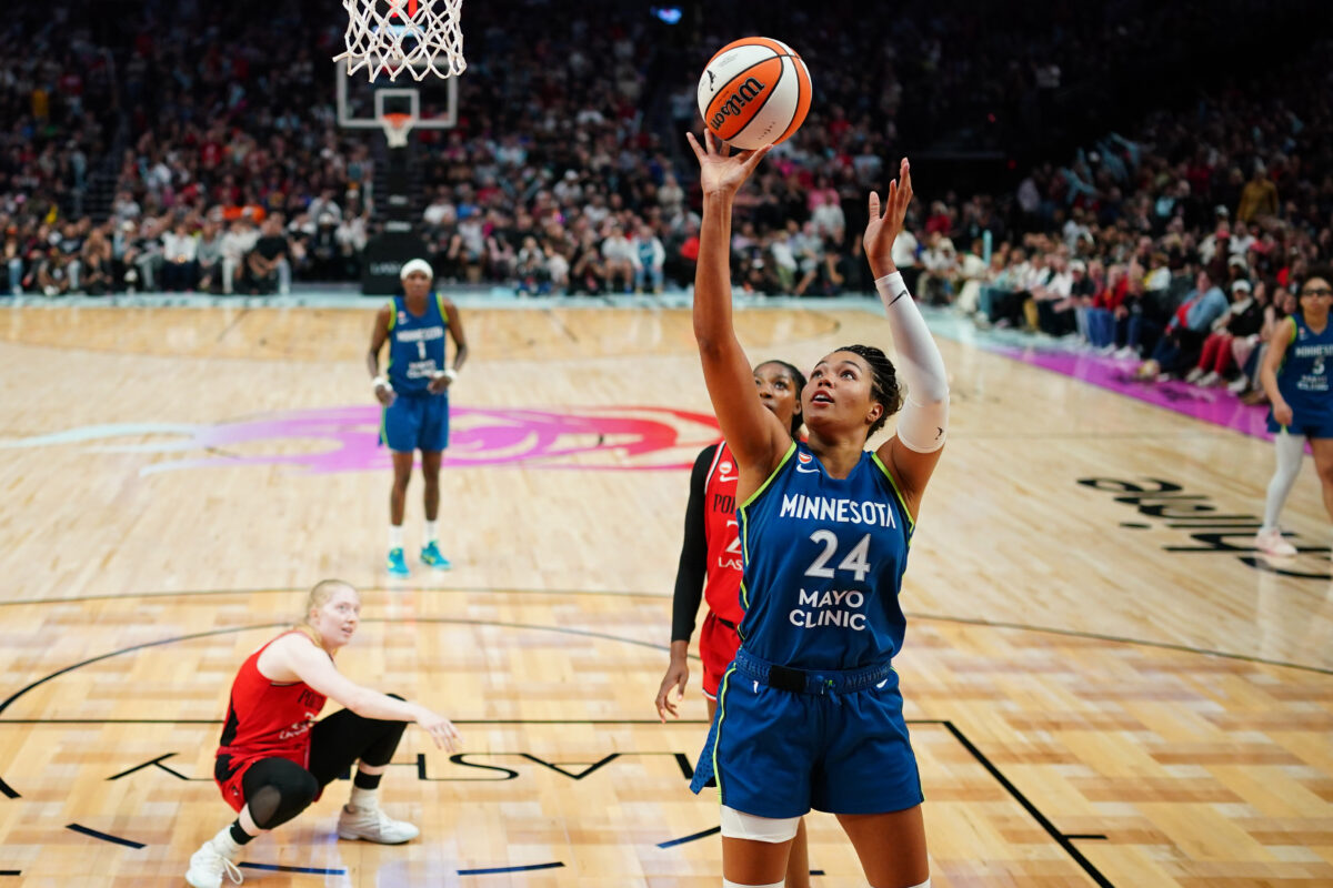 Aug 12, 2026; Portland, Oregon, USA; Minnesota Lynx forward Napheesa Collier (24) shoots during the second half against the Portland Fire at Moda Center. Mandatory Credit: Soobum Im-Imagn Images