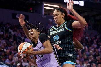 Aug 12, 2026; San Francisco, California, USA; Chicago Sky center Kamilla Cardoso (10) fouls Golden State Valkyries guard Tiffany Hayes (15) under the basket during the fourth quarter at Chase Center. Mandatory Credit: Robert Edwards-Imagn Images