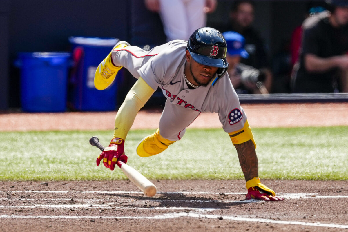 Aug 13, 2026; Toronto, Ontario, CAN;  Boston Red Sox center fielder Ceddanne Rafaela (3) gets hit by a pitch during the third inning against the Toronto Blue Jays at Rogers Centre. Mandatory Credit: Kevin Sousa-Imagn Images