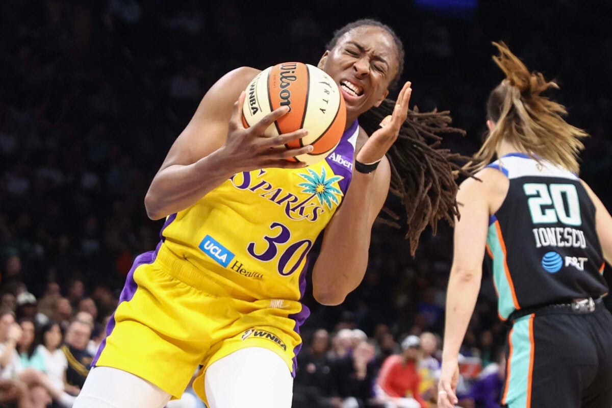 Aug 13, 2026; Brooklyn, New York, USA;  Los Angeles Sparks forward Nneka Ogwumike (30) reacts after getting fouled in the second quarter against the New York Liberty at Barclays Center. Mandatory Credit: Wendell Cruz-Imagn Images