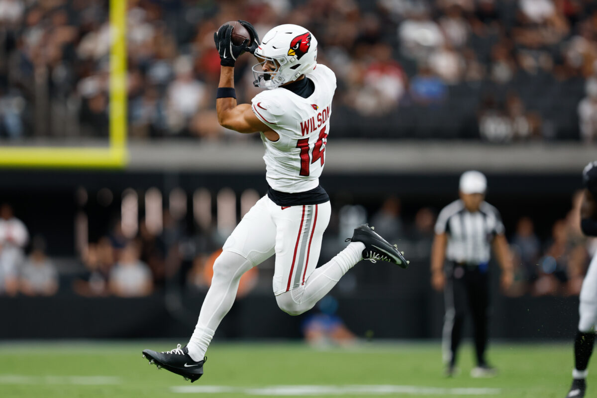 Aug 13, 2026; Paradise, Nevada, USA; Arizona Cardinals wide receiver Michael Wilson (14) makes a catch during a preseason game against the Las Vegas Raiders at Allegiant Stadium. Mandatory Credit: David Brytus-Imagn Images