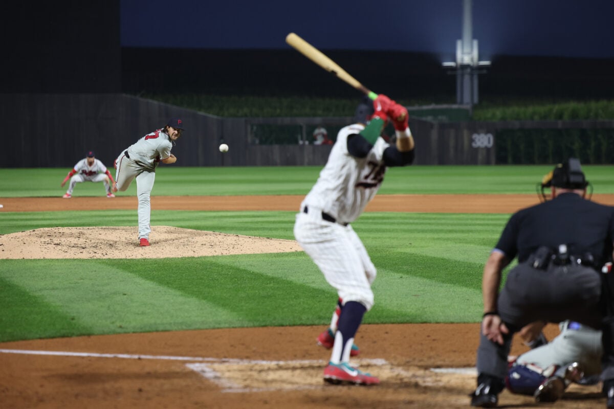 Aug 13, 2026; Dyersville, Iowa, USA; Philadelphia Phillies pitcher Aaron Nola (27) throws a pitch against the Minnesota Twins at the Field of Dreams. Mandatory Credit: Reese Strickland-Imagn Images